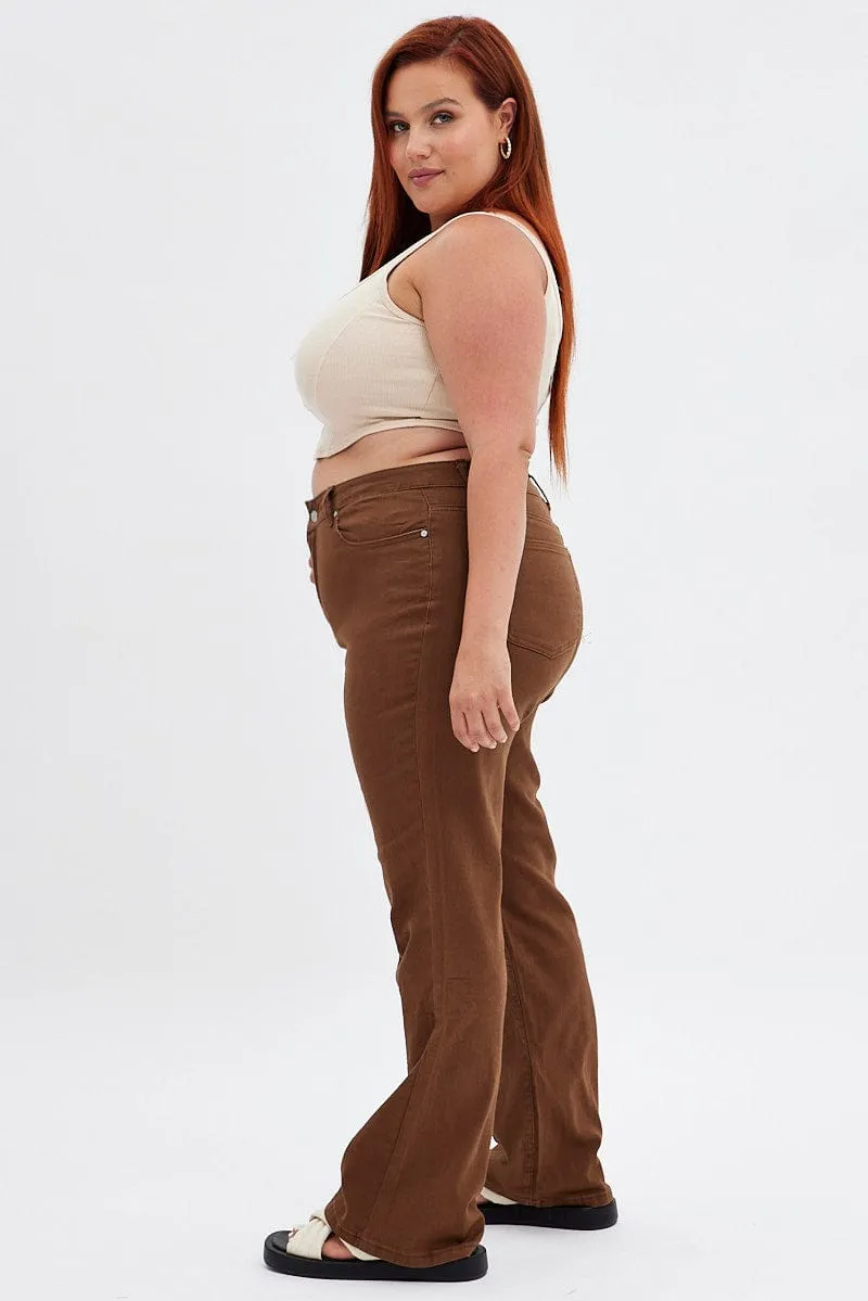 Brown Flare Denim Jeans High Rise Fit For Daily Outdoor Enthusiast Sunny Vibes Teen Outfit