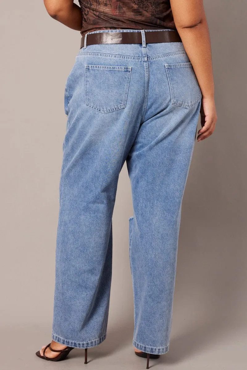 Denim Straight Jeans Mid Rise Easy Wearing