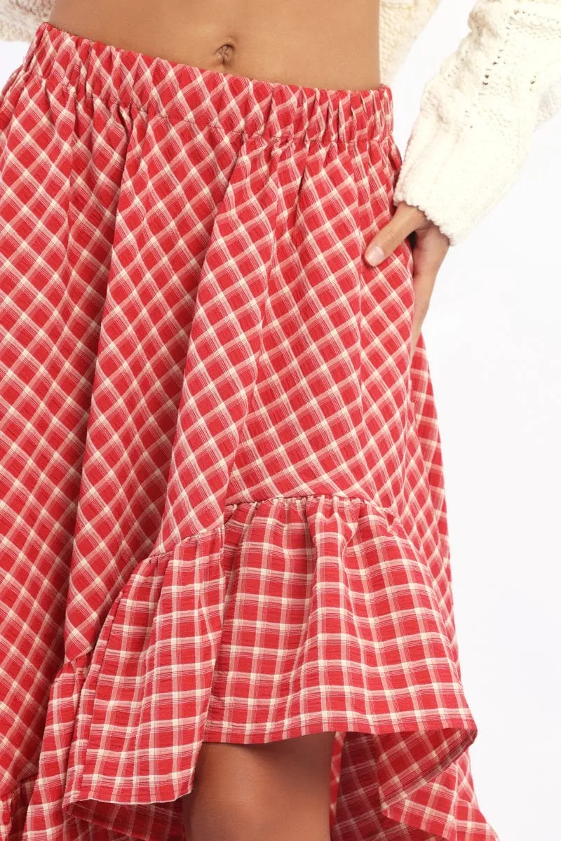 Red Check Asymmetric Midi Skirt Elastic Waist Frill Hem Outfit Display Daily Favorite
