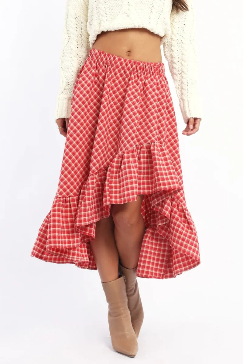 Simple Motion Reinforced Pockets Red Check Asymmetric Midi Skirt Elastic Waist Frill Hem
