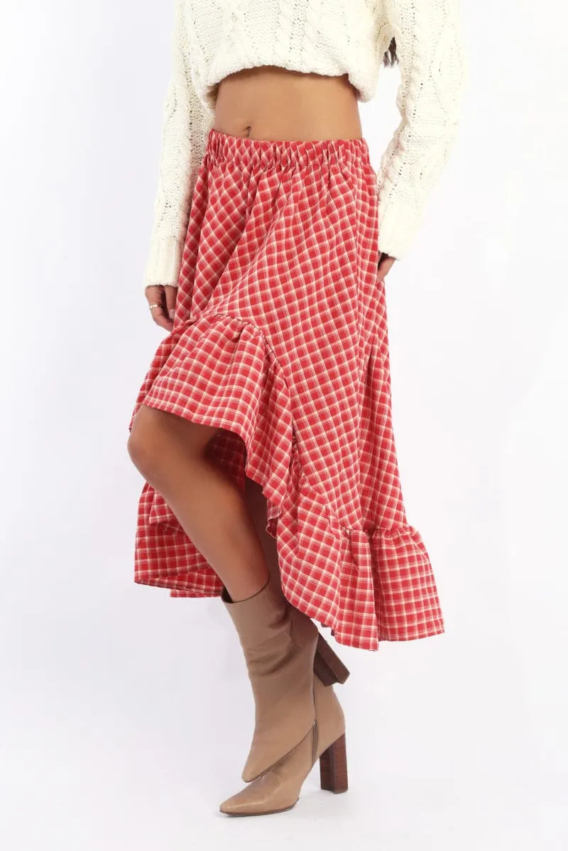 Red Check Asymmetric Midi Skirt Elastic Waist Frill Hem music concert