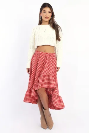 Simple looks Red Check Asymmetric Midi Skirt Elastic Waist Frill Hem