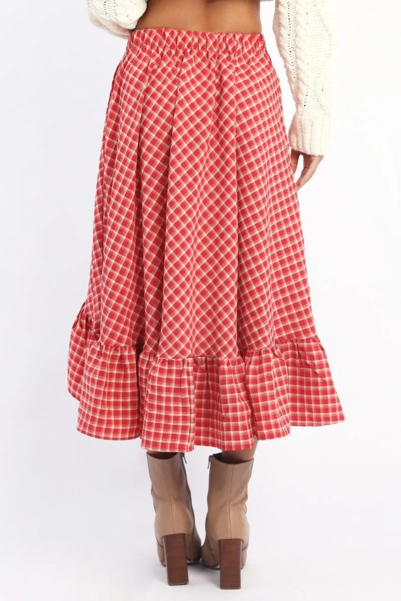 Red Check Asymmetric Midi Skirt Elastic Waist Frill Hem Basic Layers