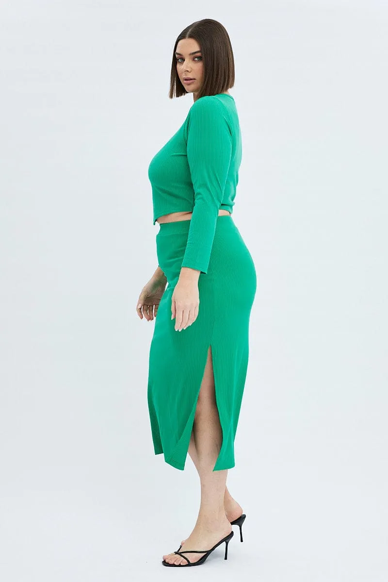 Double Layer Wardrobe Basics Green Midi Skirt Rib Jersey Bodycon