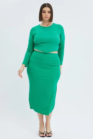 Limited Quantity Casual Edge Green Midi Skirt Rib Jersey Bodycon