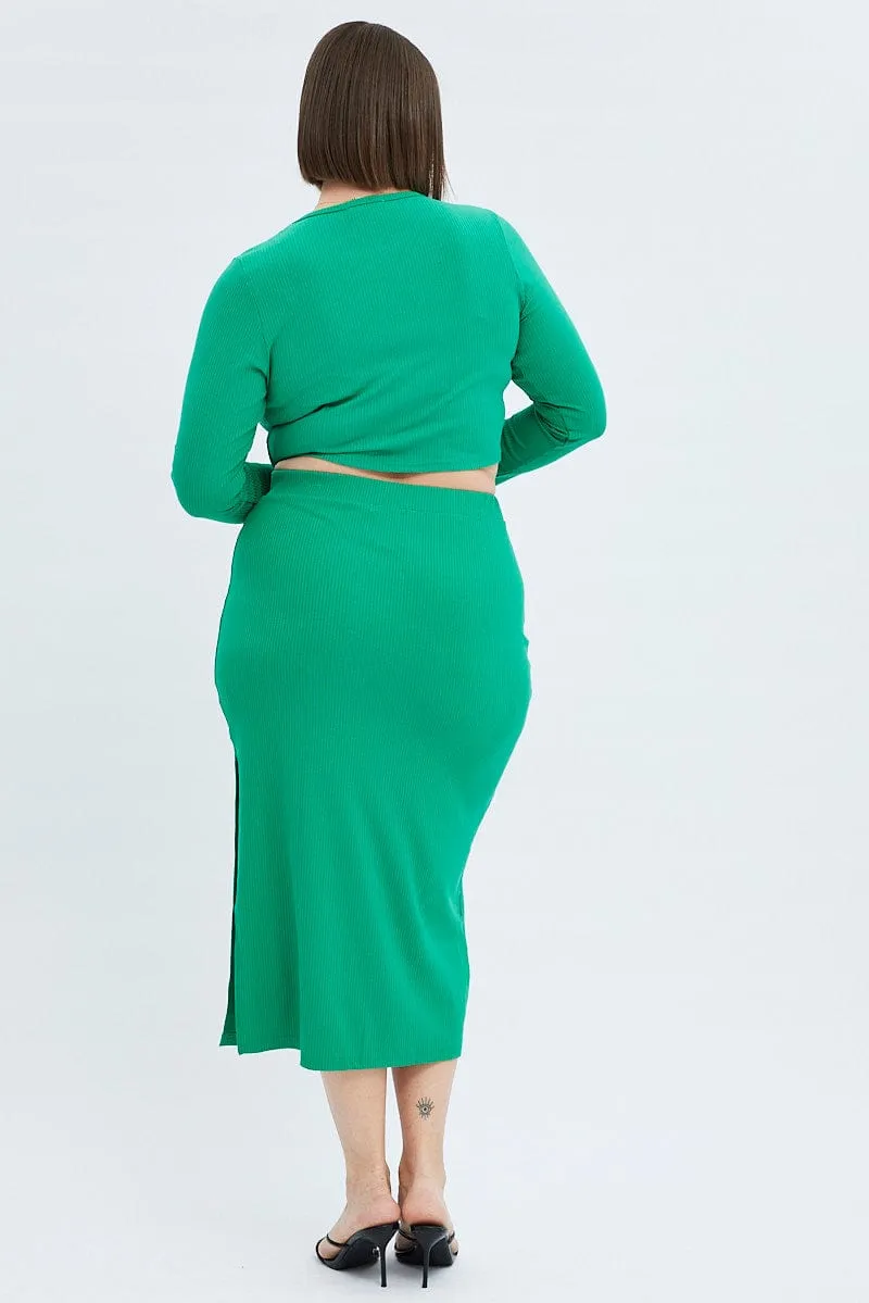 Green Midi Skirt Rib Jersey Bodycon Simple Motion mix and match