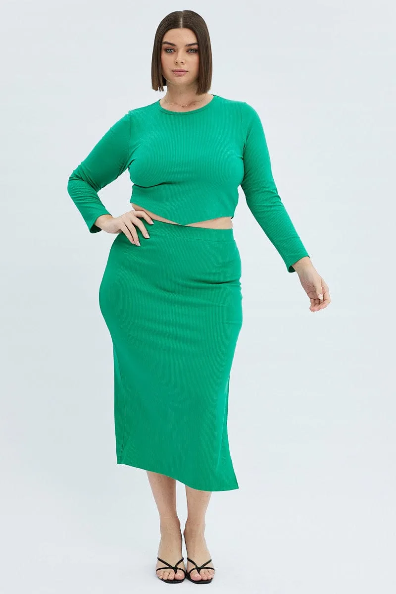 Wearable Art Subtle Finish Green Midi Skirt Rib Jersey Bodycon