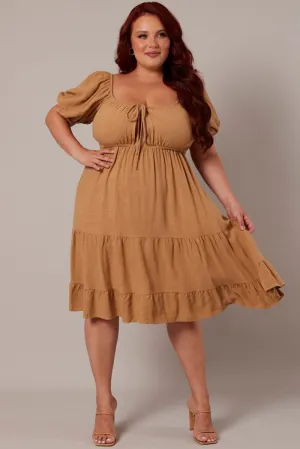 Chic Spirit Edge Mode Beige Mini Dress Linen Blend Puff Sleeve Sweetheart Neck