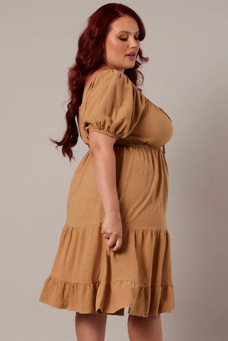 Beige Mini Dress Linen Blend Puff Sleeve Sweetheart Neck Playful youthful dress