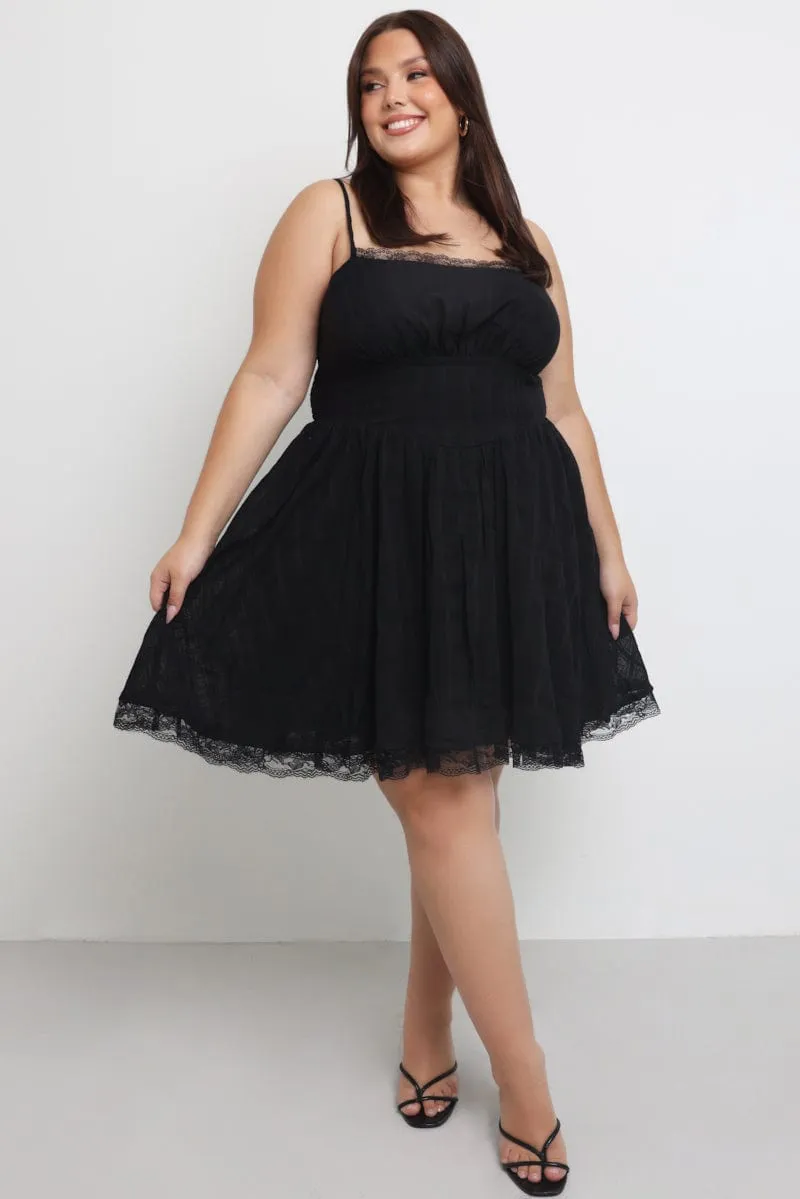 Versatile mini for casual wear Black Lace Trim Mini Dress
