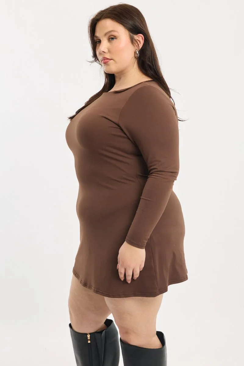 Brown Mini Dress Long Sleeve A-line Shine Glow
