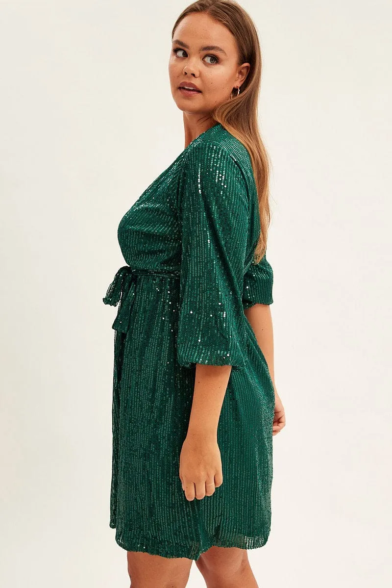 Cutout Back Detailing Green Metallic Sequin Mini Dress
