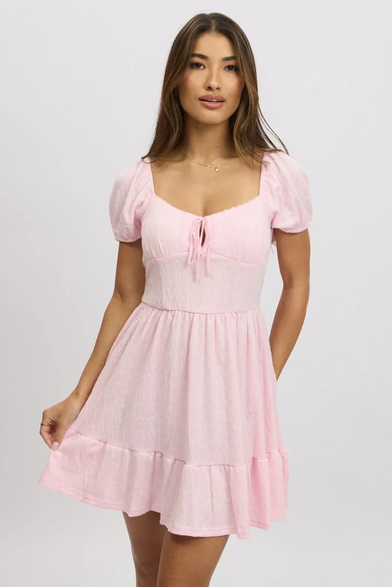 Pink Fit And Flare Dress Mini Lace Elastic cuffs