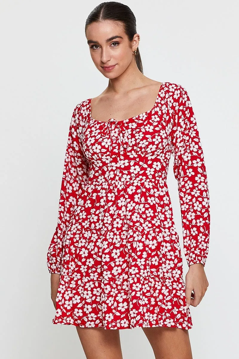 Print Mini Dress Long Sleeve Square Neck Timeless Fashion Wear