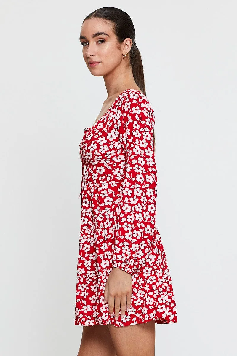 Print Mini Dress Long Sleeve Square Neck Hot Pick