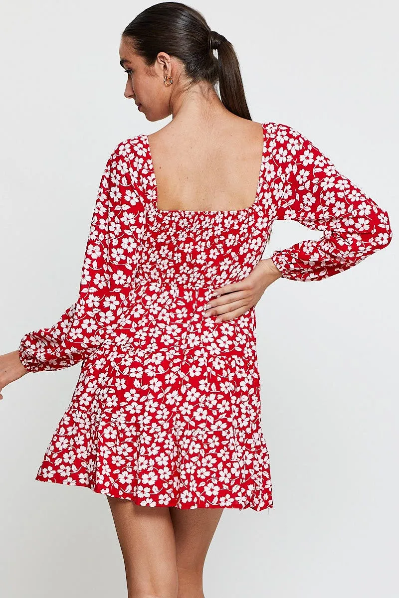 Casual Fit Look Heat Scene Print Mini Dress Long Sleeve Square Neck
