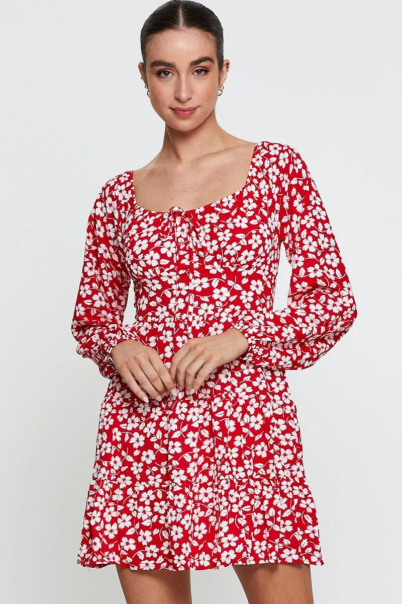 Flirty Fit Print Mini Dress Long Sleeve Square Neck
