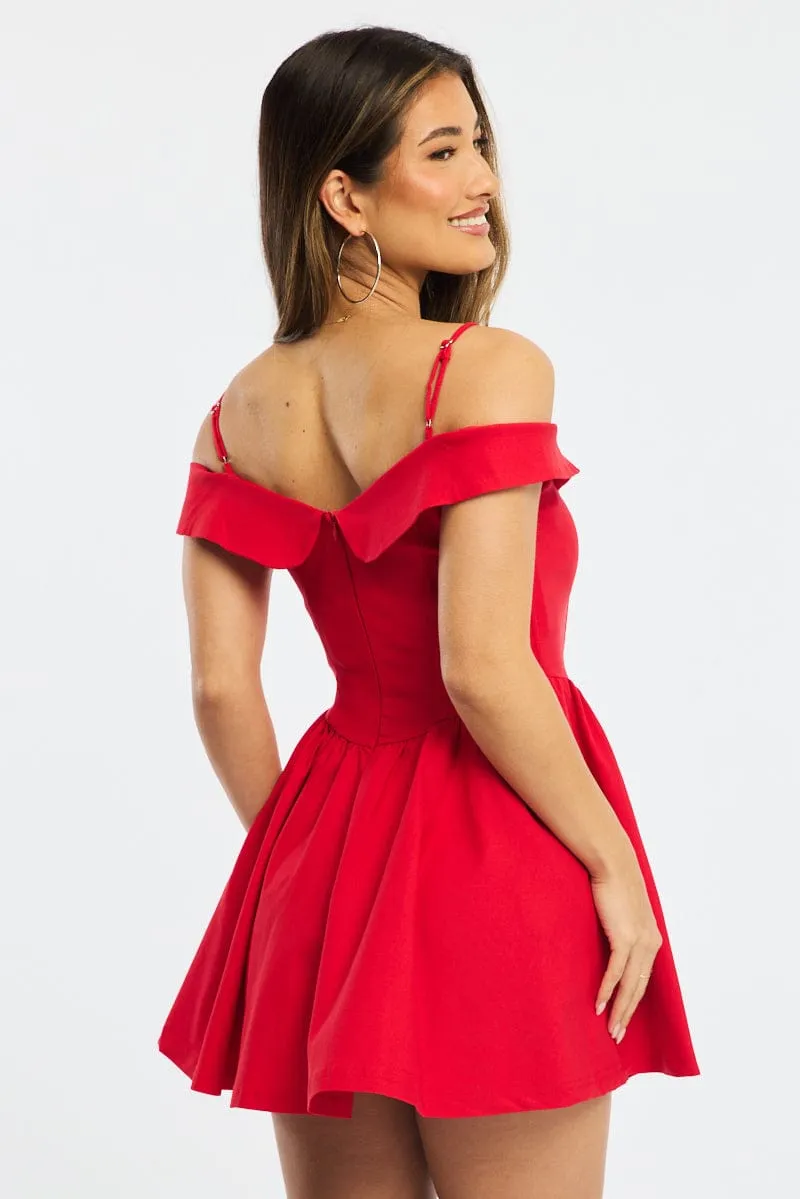 Floral Print Red Fit And Flare Dress Mini