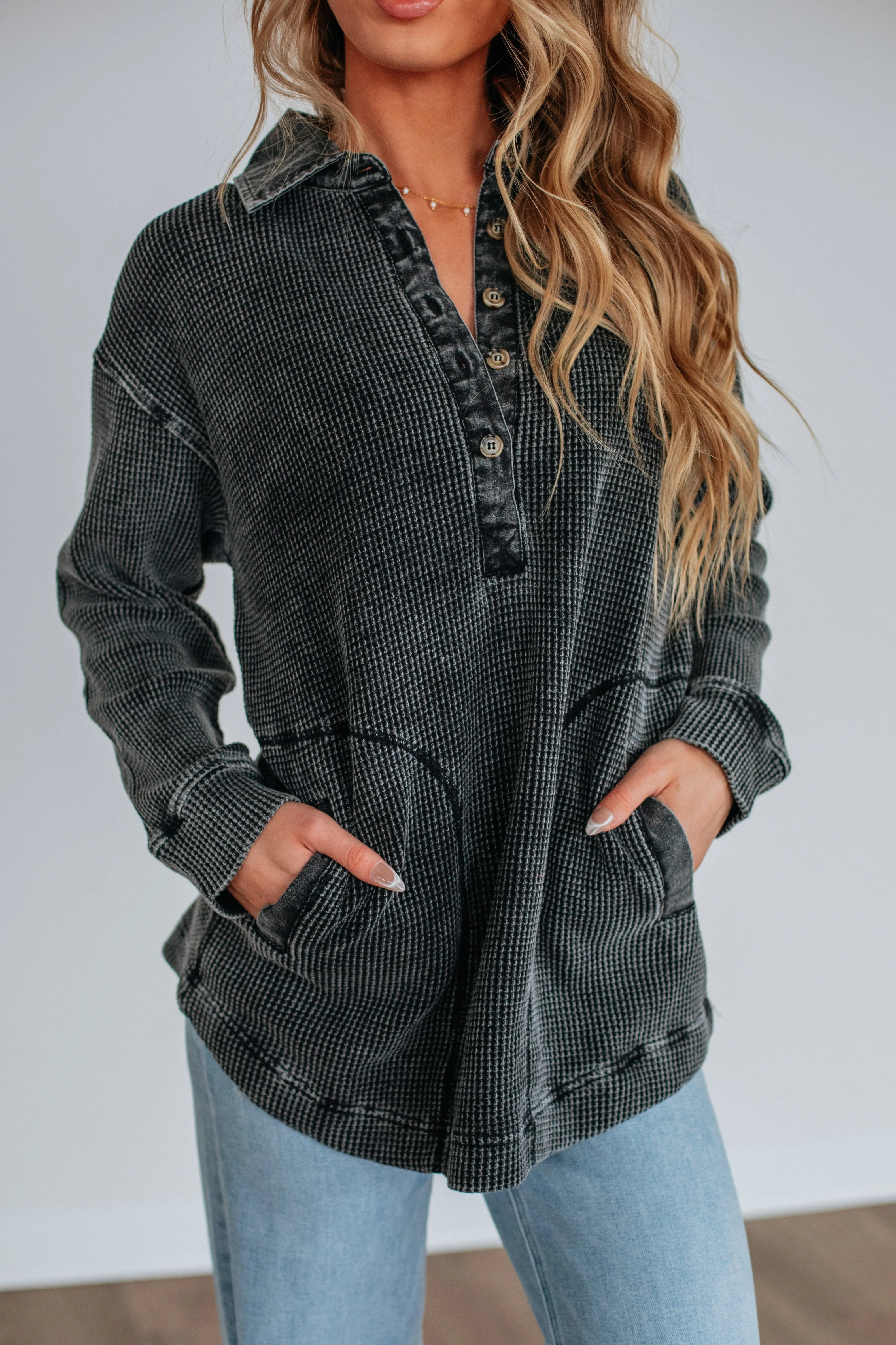 Cable Stitch Sallie Waffle Knit Top - Vintage Black