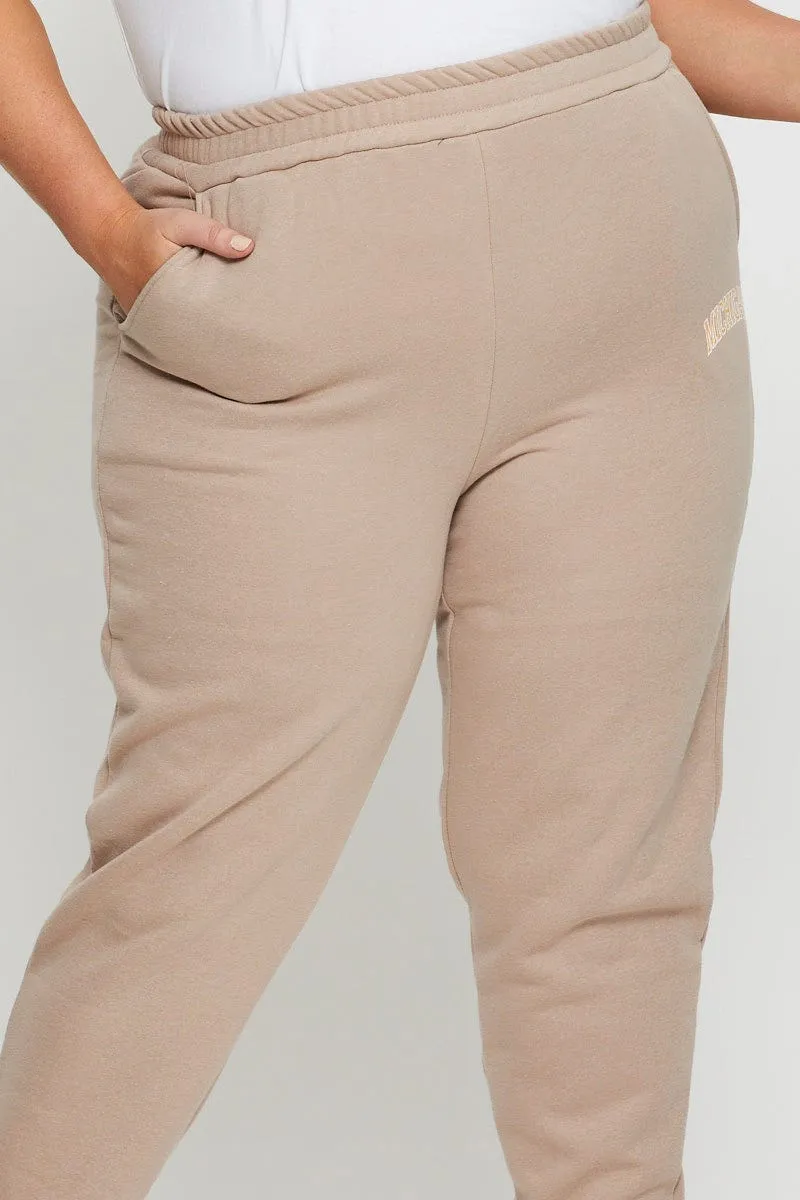 FlexibleStretchWeave Cozy Design Beige Track Pants High Rise Elastic Waist