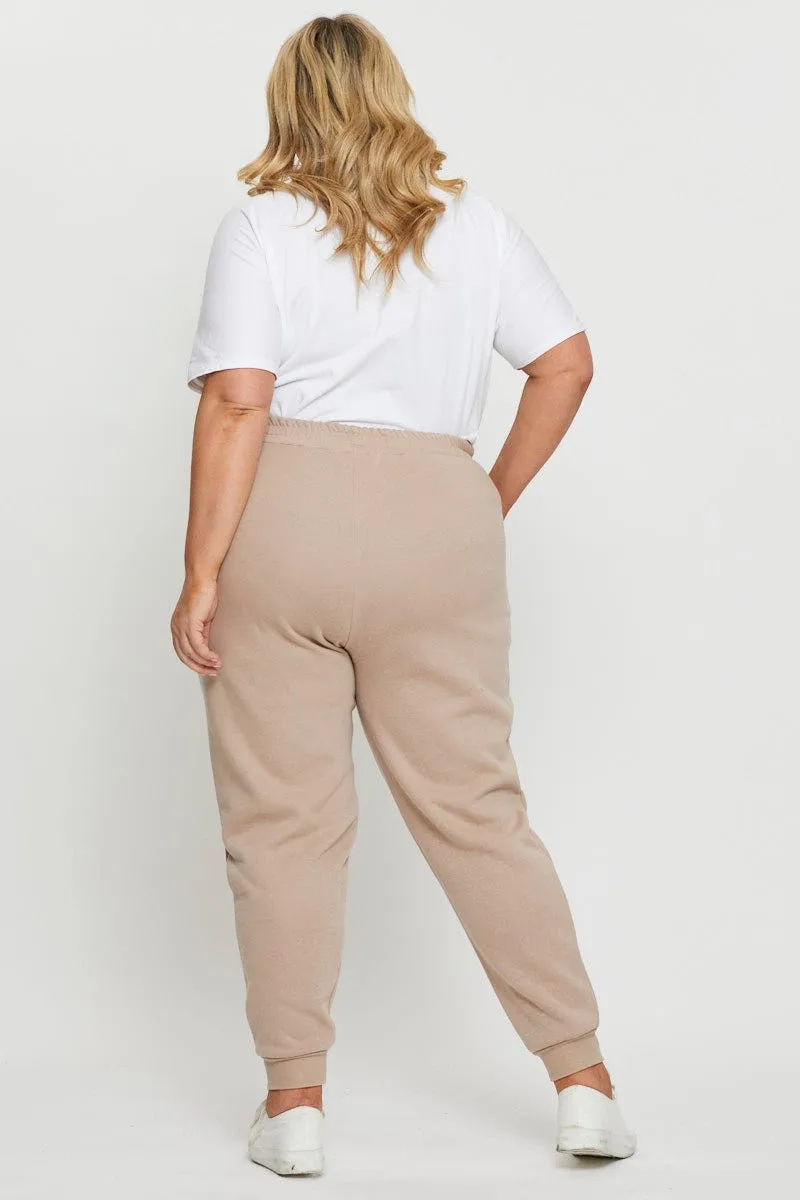 Beige Track Pants High Rise Elastic Waist Breathable Lining