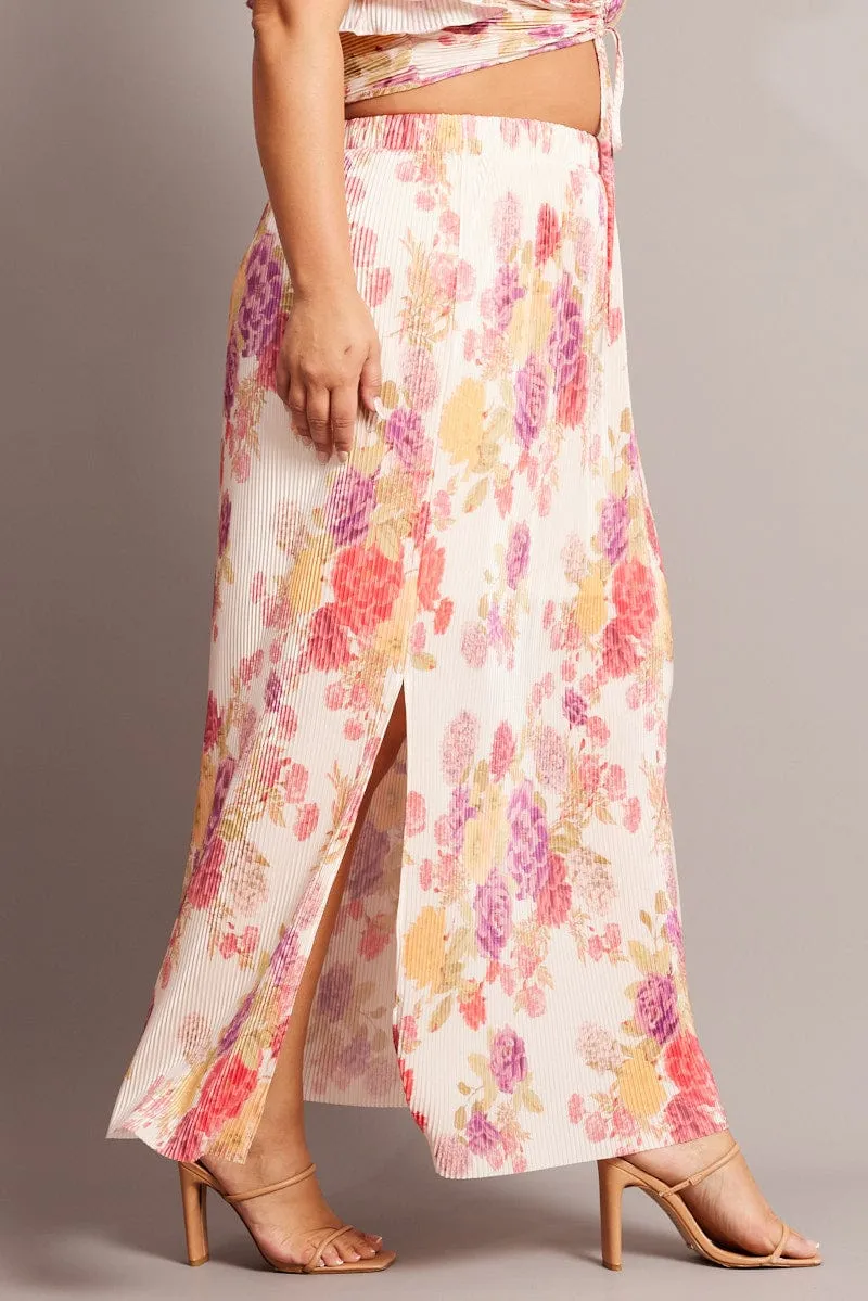 Classic Design Boutique Exclusive Beige Floral Plisse Maxiskirt