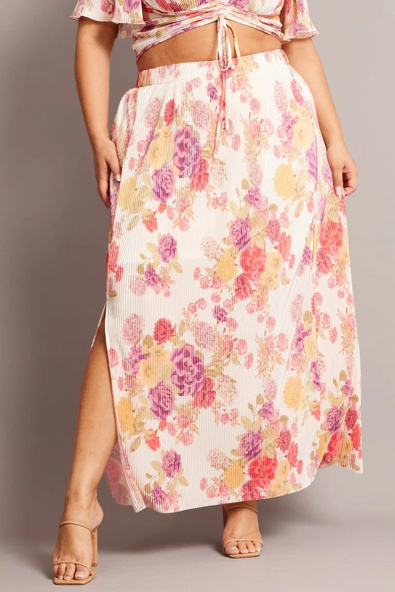 Beige Floral Plisse Maxiskirt Soft Mood