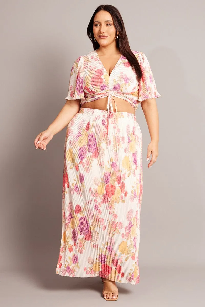 Beige Floral Plisse Maxiskirt Creative Look