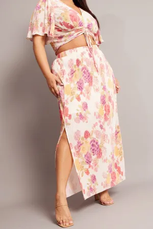 Refined Texture Easy Comfort Beige Floral Plisse Maxiskirt
