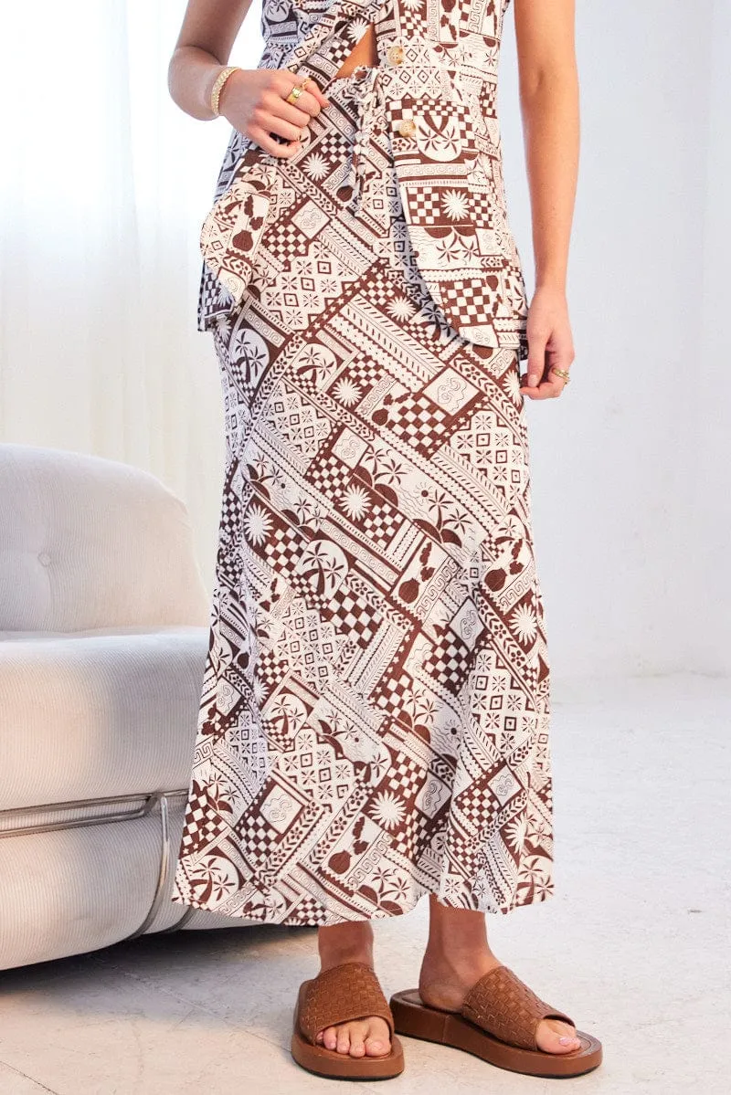 Shirred Back ruffle trim Brown Abstract Midi Skirt Mid Rise