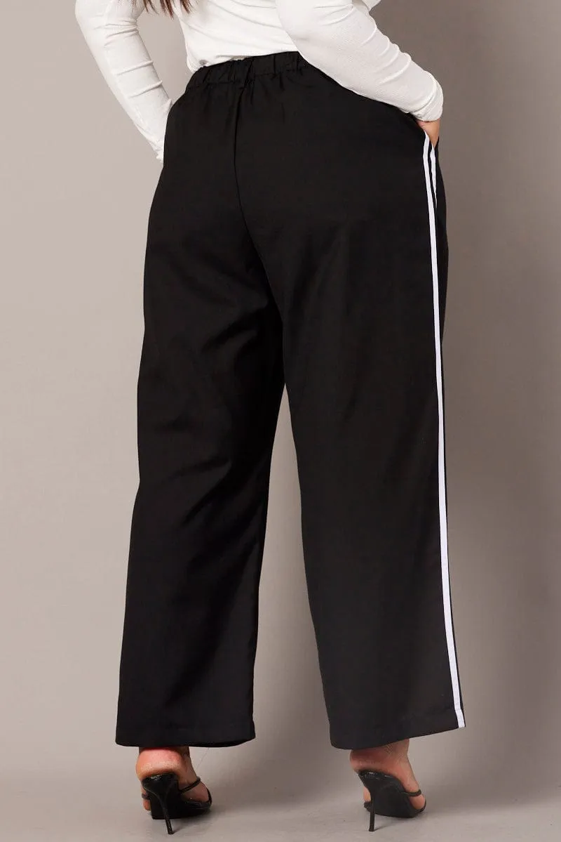 Black Wide Leg Pants Side Stripe Reinforced Stitching Breathable fabric