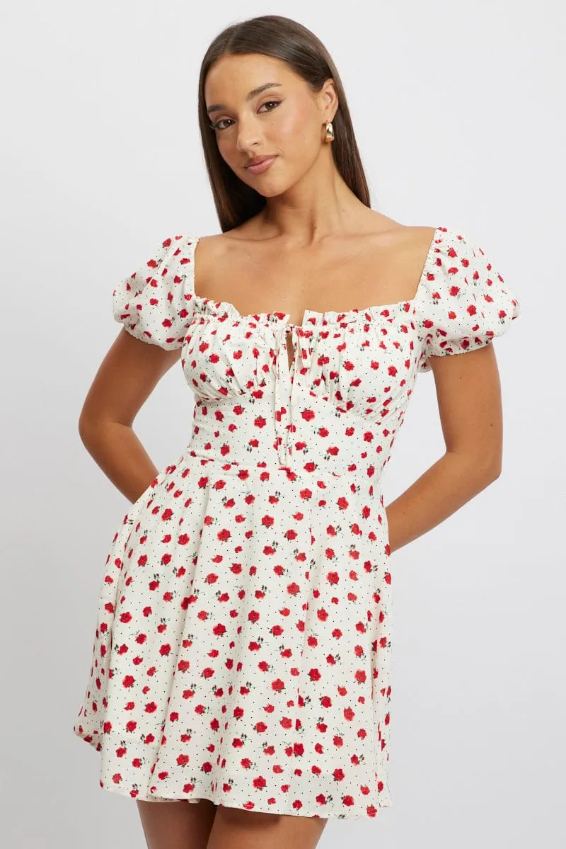 Red Ditsy Fit And Flare Dress Mini Leg Show