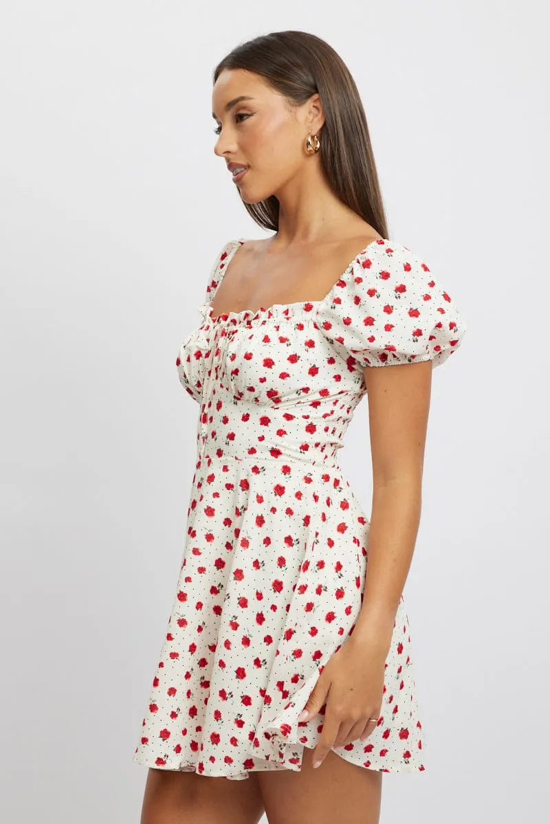 Wide Range Motion Beat Light Red Ditsy Fit And Flare Dress Mini