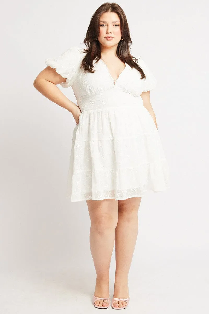 White Embroidered Tiered Mini Dress Weekend Fun Versatile Look