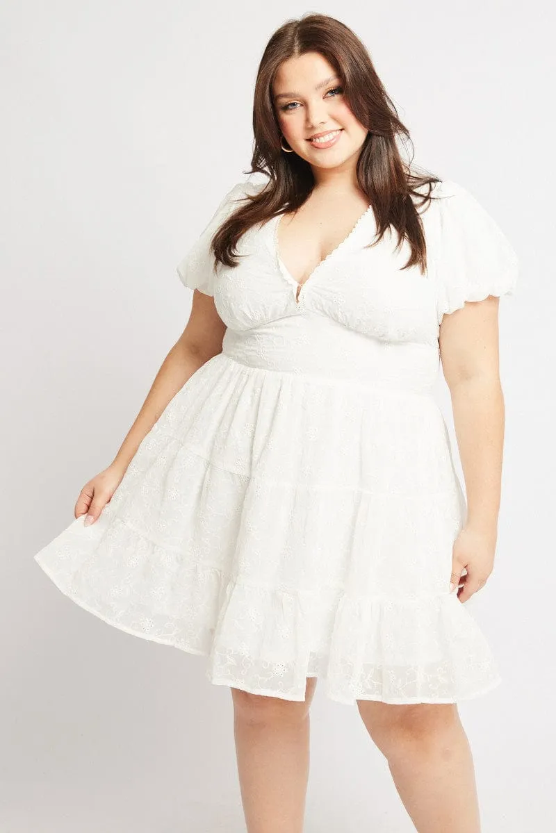 White Embroidered Tiered Mini Dress Scene Cool Trendy weekend dress