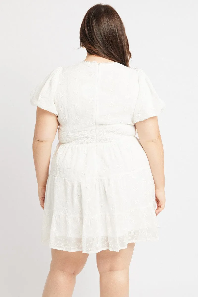 White Embroidered Tiered Mini Dress Elegant Wear