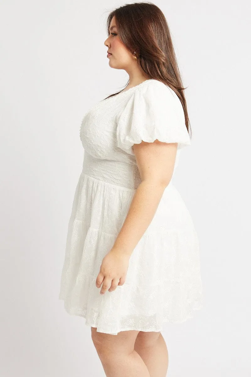 White Embroidered Tiered Mini Dress Bar Chic Scalloped Edge Detailing