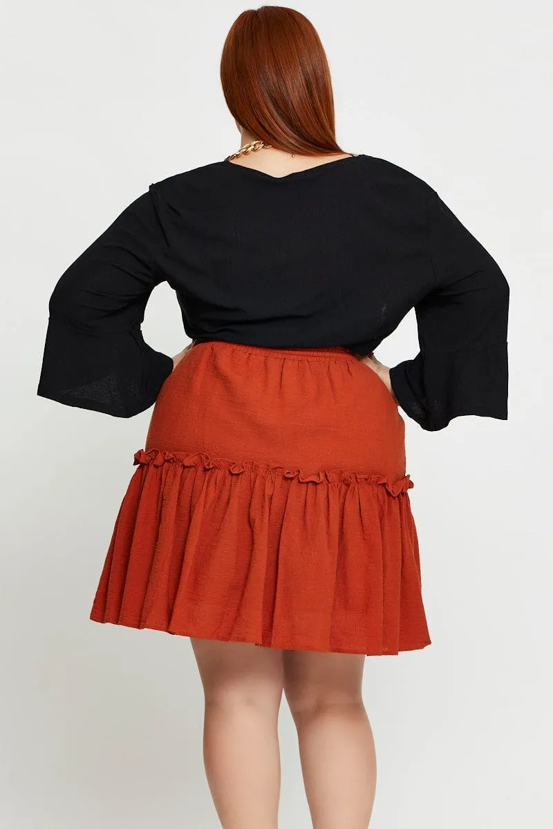 Brown Mini Skater Skirt Clay Elastic Waist Frayed Finish Breezy Edge