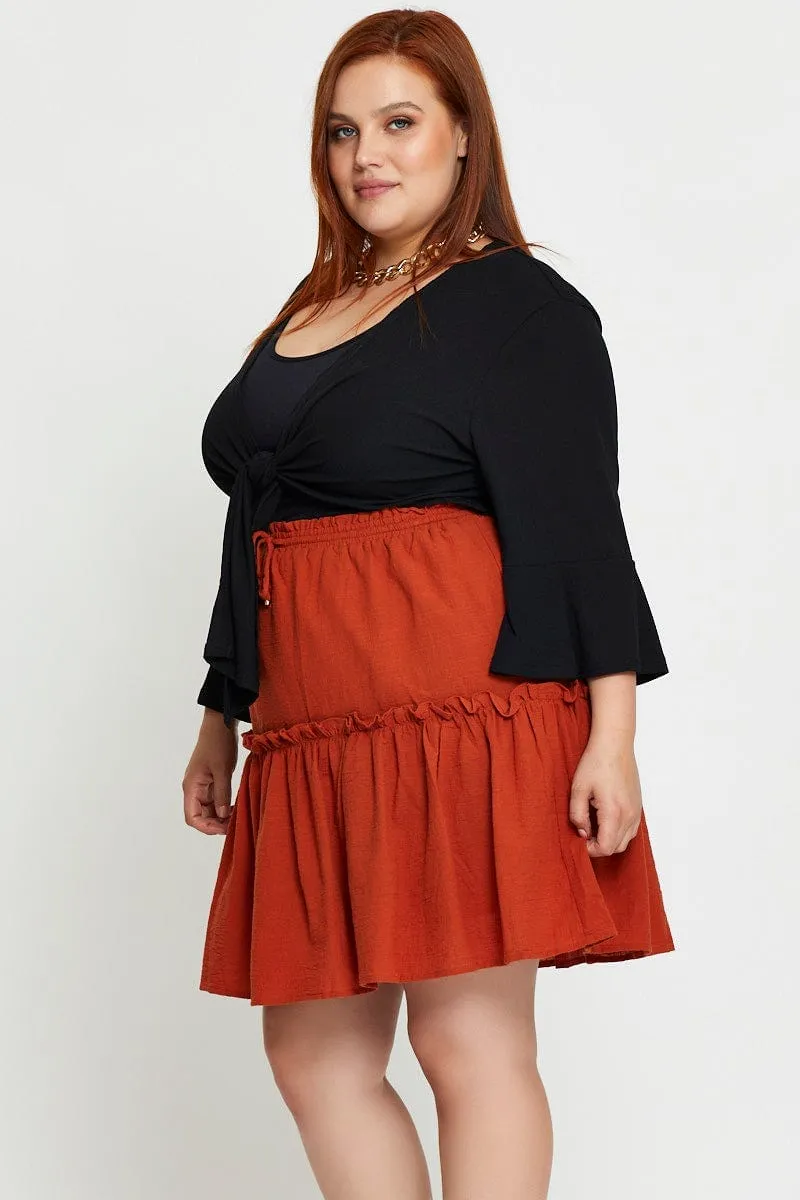 Brown Mini Skater Skirt Clay Elastic Waist Flexible Knit