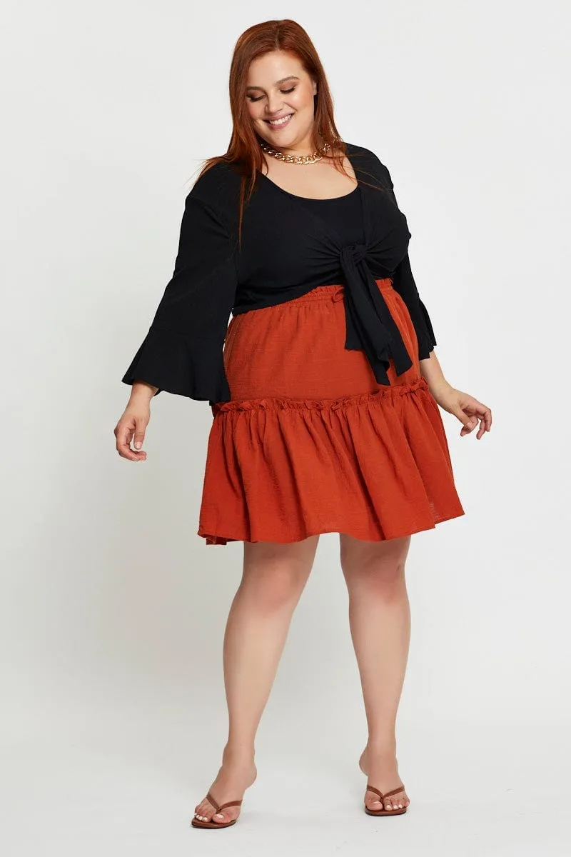 Brown Mini Skater Skirt Clay Elastic Waist Double Layered Design Relaxed Outfit