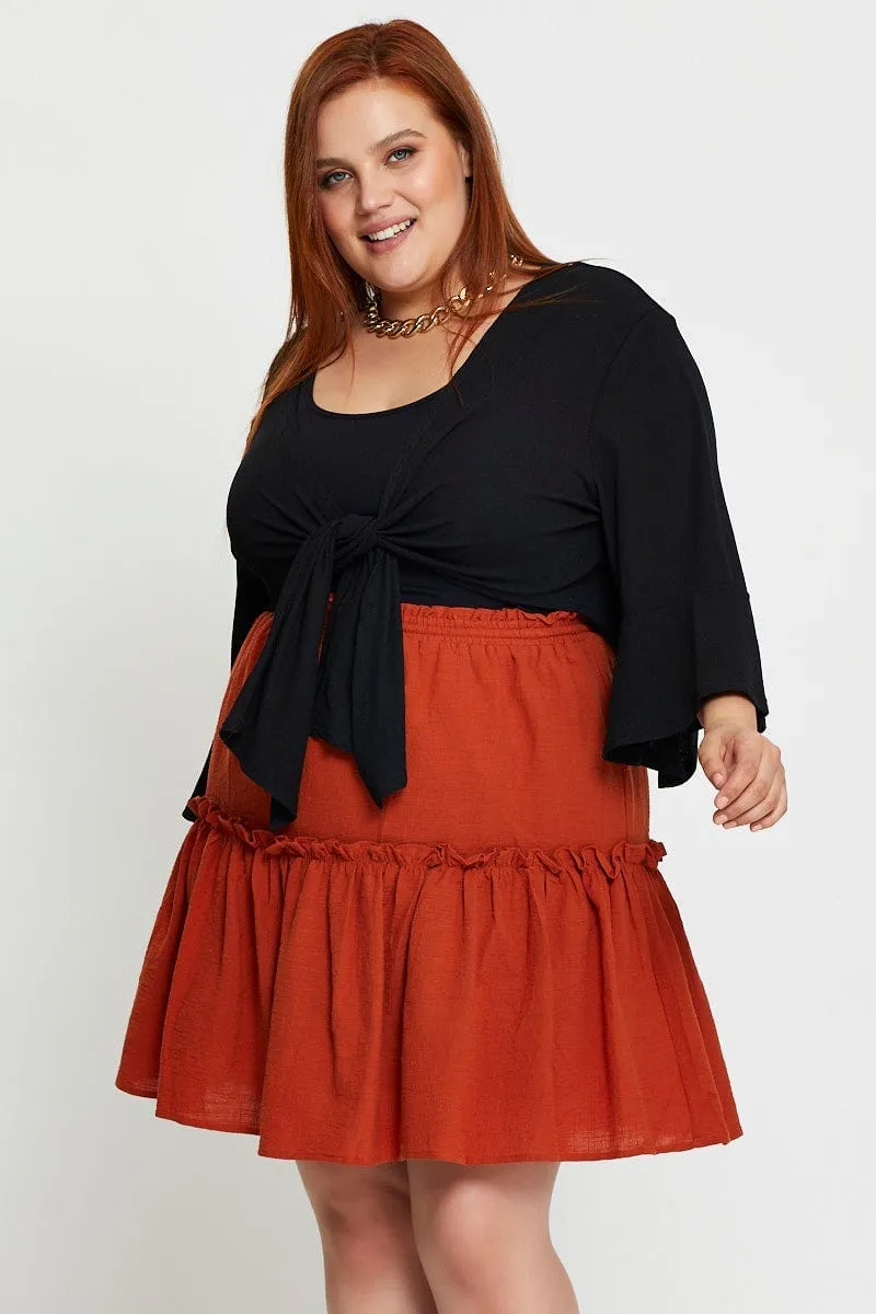 Inverted Pleats Brown Mini Skater Skirt Clay Elastic Waist
