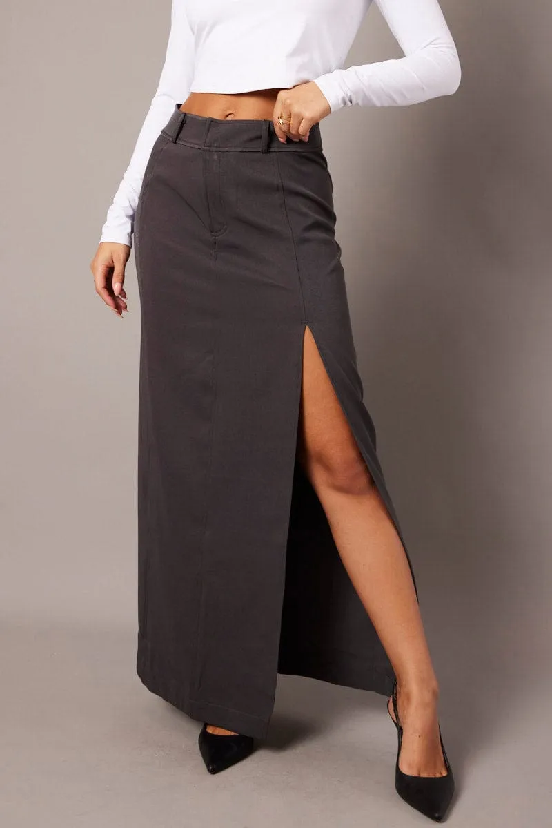 Grey Midi Skirt Tailored High Waist Weighted Hem Hemp Blend