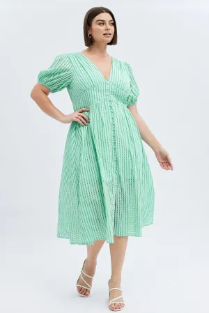 Green Midi Dress Short Puff Sleeve Jade Glow