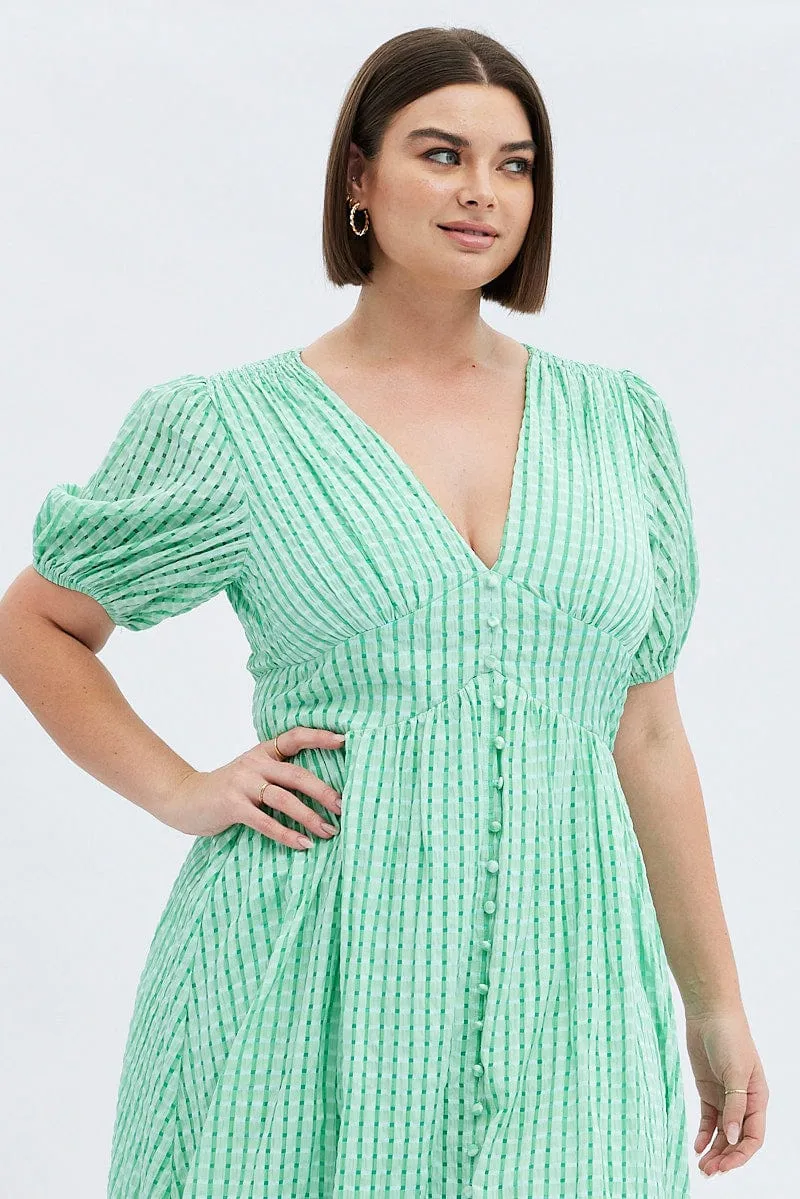 Green Midi Dress Short Puff Sleeve Fresh Shore All-day wear midi