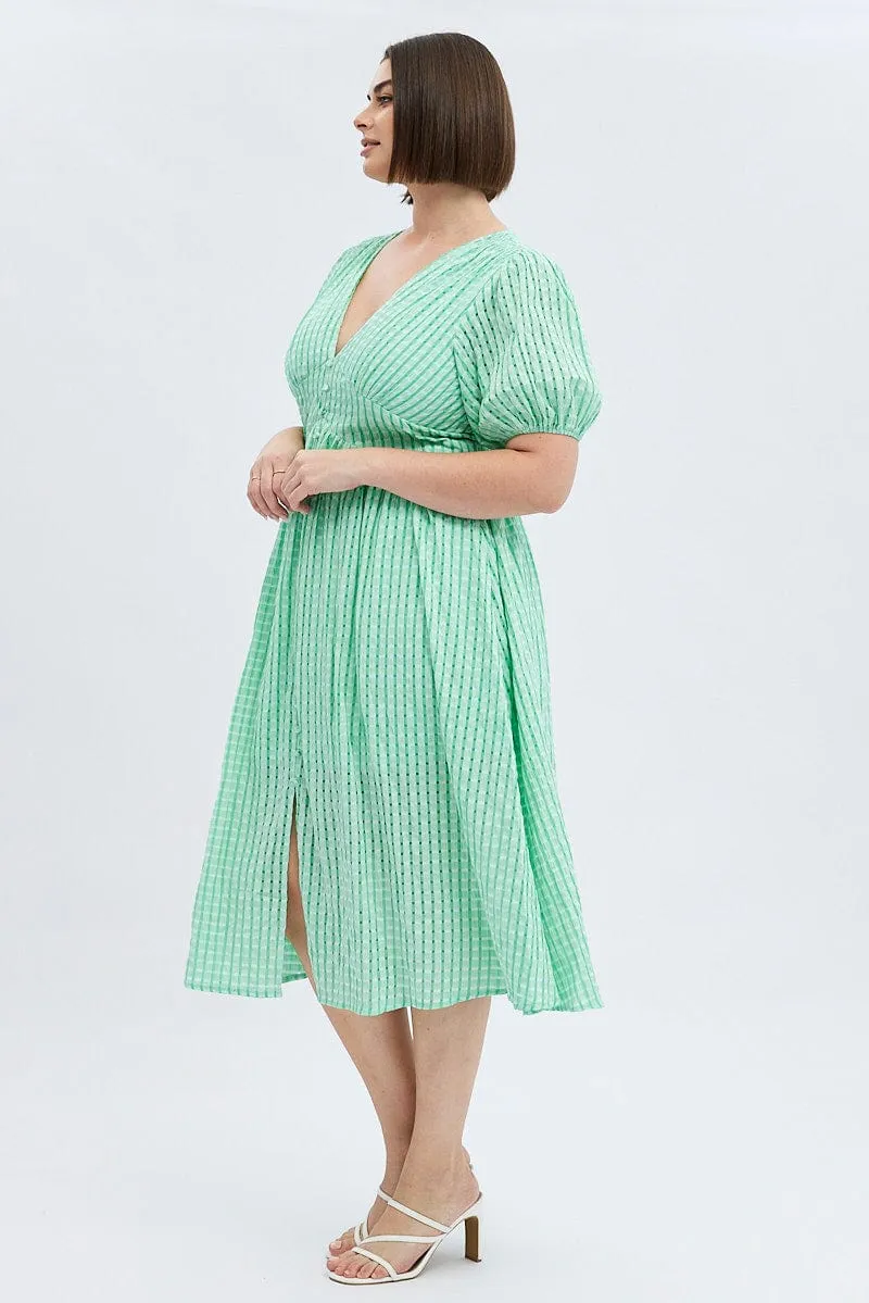 Green Midi Dress Short Puff Sleeve Winter Layering Chorus Night