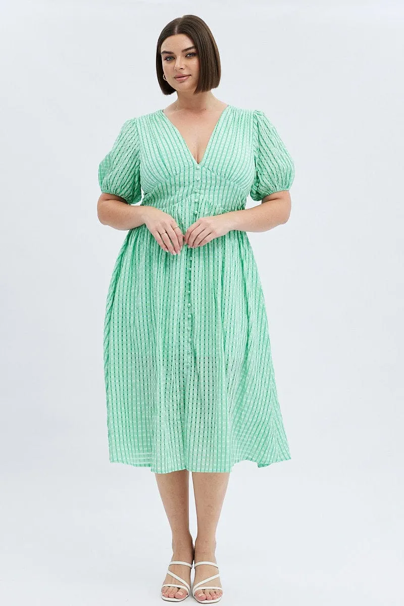 Green Midi Dress Short Puff Sleeve Casual Fashion Cozy Elegance