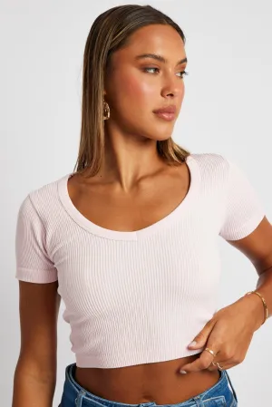 MoistureControlClothing Pink Crop T Shirt Short Sleeve V Neck Seamless