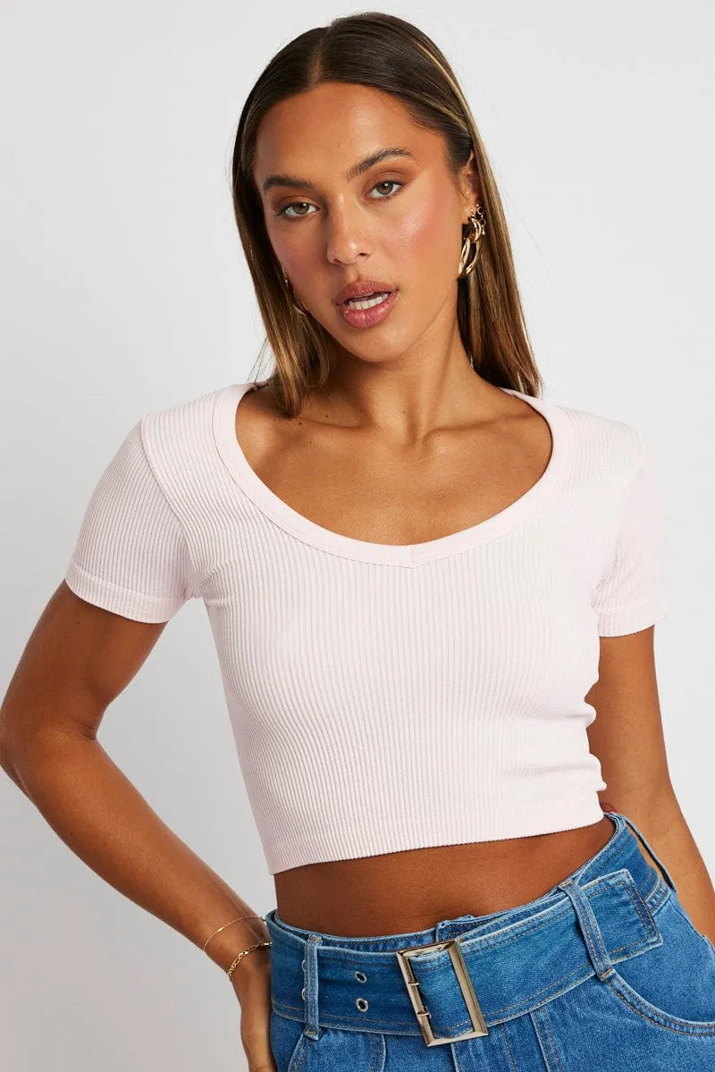 Comfortable Pants Pink Crop T Shirt Short Sleeve V Neck Seamless