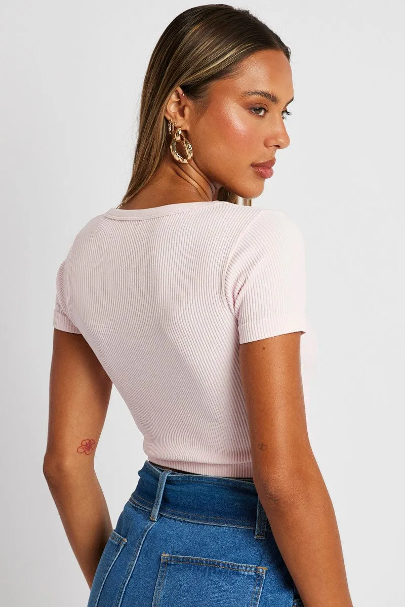 Pink Crop T Shirt Short Sleeve V Neck Seamless Seamless construction