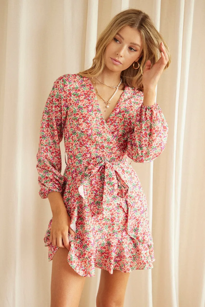 AI Style Classic Glow Print Skater Dress Long Sleeve Mini